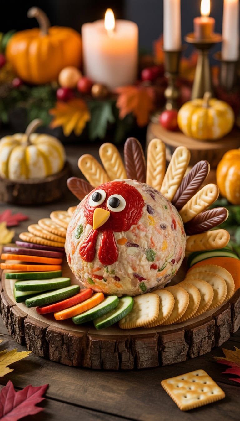A turkey-shaped cheeseball on a wooden board surrounded by crackers, vegetables, and autumn decorations on a holiday table.