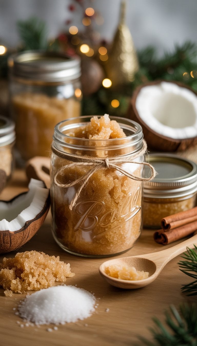 A mason jar filled with brown sugar and coconut oil scrub surrounded by coconut pieces and brown sugar on a wooden surface with holiday decorations in the background.