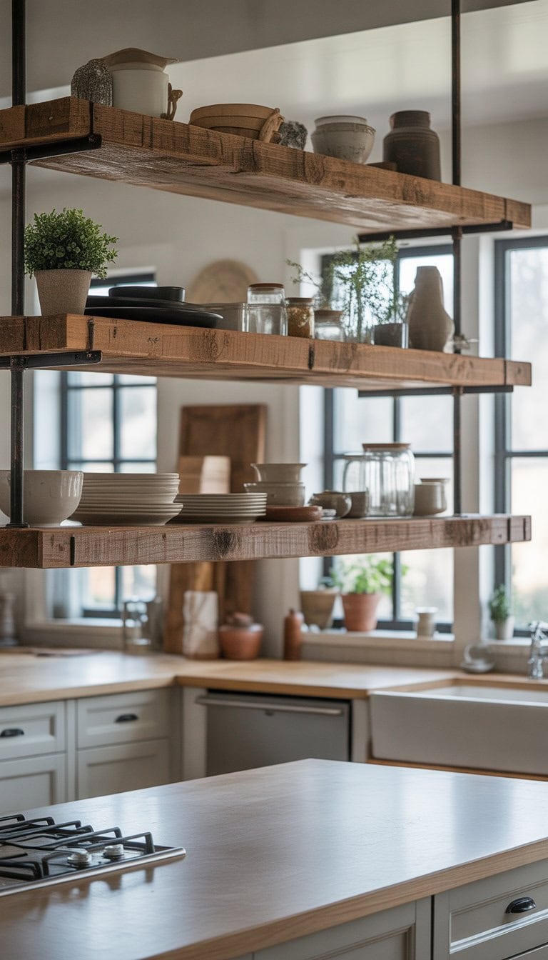 A bright kitchen with open wooden shelves holding dishes and plants, a farmhouse sink, and modern cabinets.