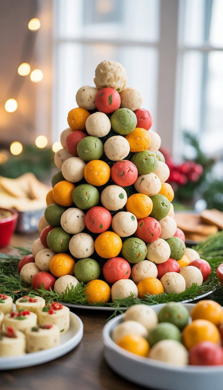A platter of bite-sized cheeseballs arranged in the shape of a Christmas tree, decorated with herbs and festive accents on a holiday table.