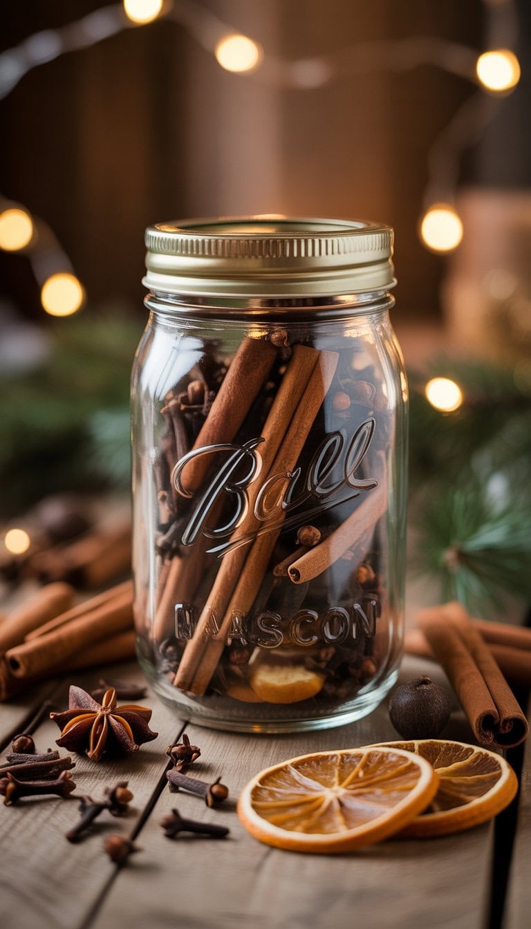A mason jar filled with cinnamon sticks and cloves surrounded by spices and holiday decorations on a wooden surface.