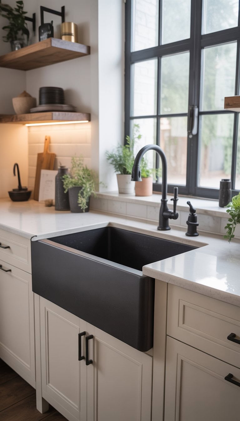 A matte black farmhouse sink with apron front installed in a bright kitchen with white cabinets and wooden shelves.