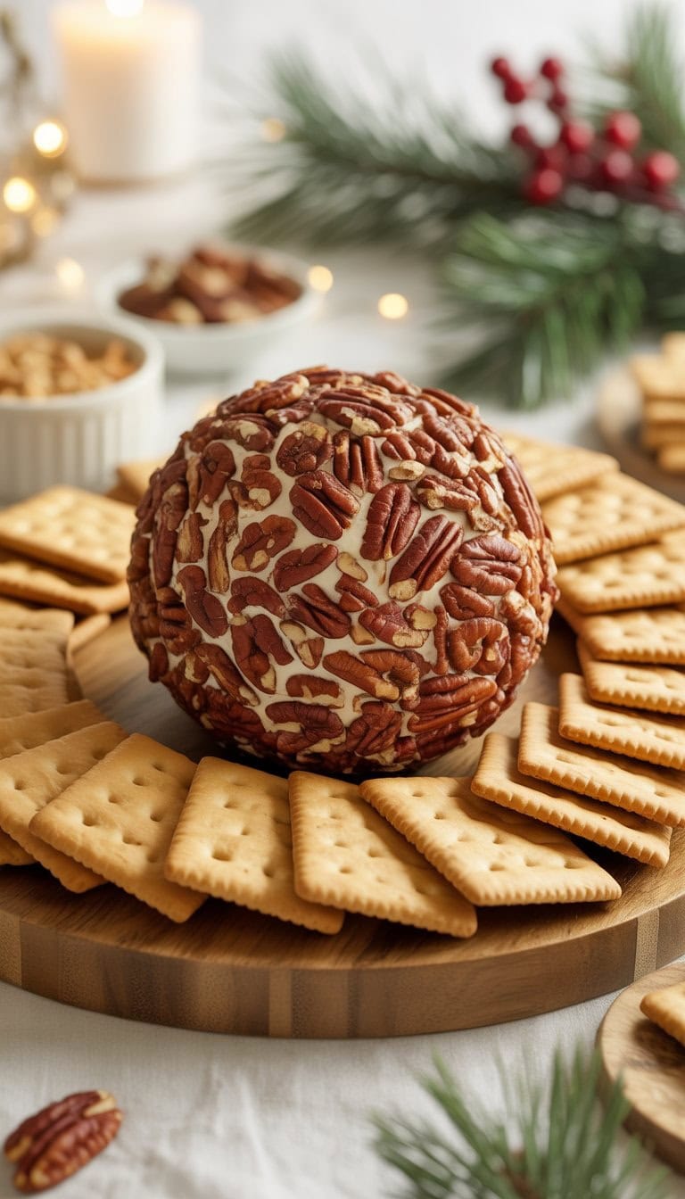 A pecan-crusted cheese ball on a wooden board surrounded by graham crackers and holiday decorations.