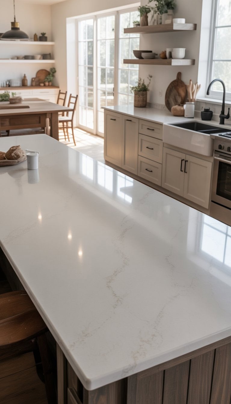A bright kitchen with quartz countertops, white cabinets, wooden shelves, and a kitchen island with bar stools.