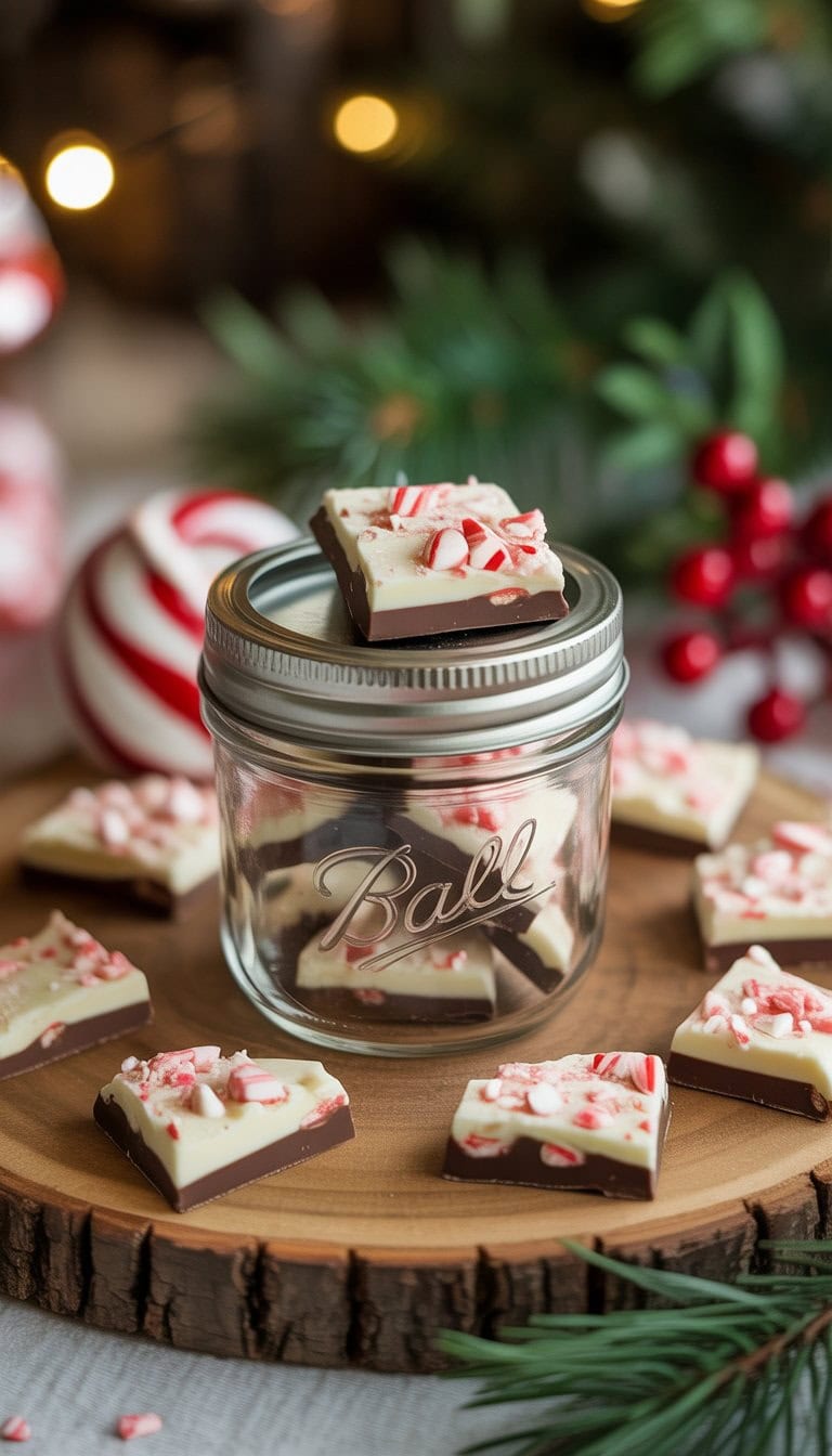 A small mason jar filled with peppermint bark pieces on a wooden surface surrounded by holiday decorations.