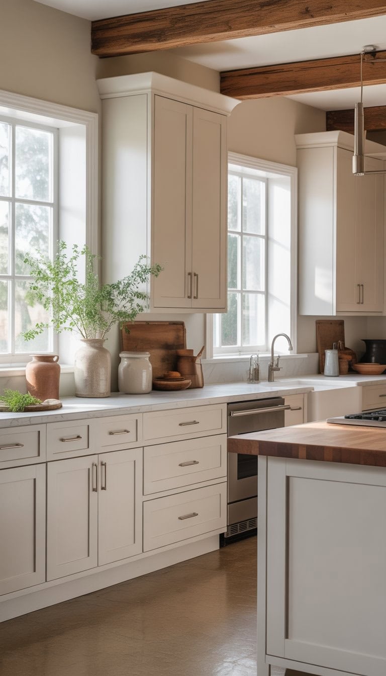 A bright kitchen with white cabinets, a wooden island, stainless steel appliances, and natural light coming through large windows.
