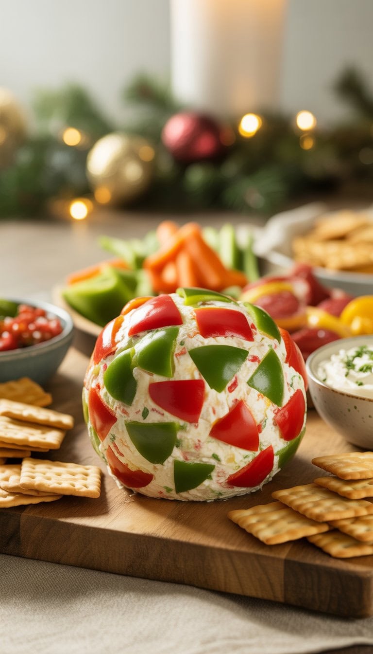 A holiday cheeseball topped with red and green bell peppers on a wooden board surrounded by vegetables and crackers.