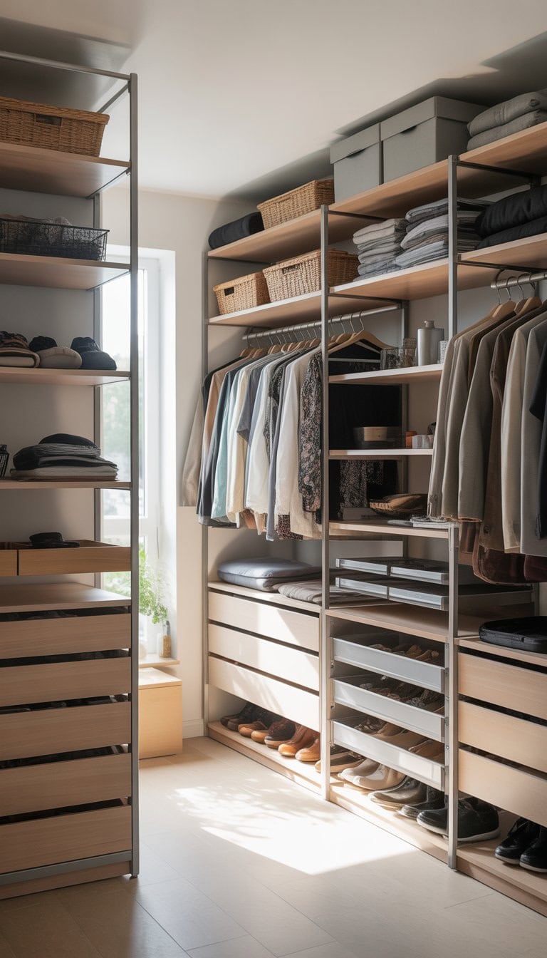 A well-organized modern closet with shelves, drawers, and hanging organizers filled with clothes, shoes, and accessories.