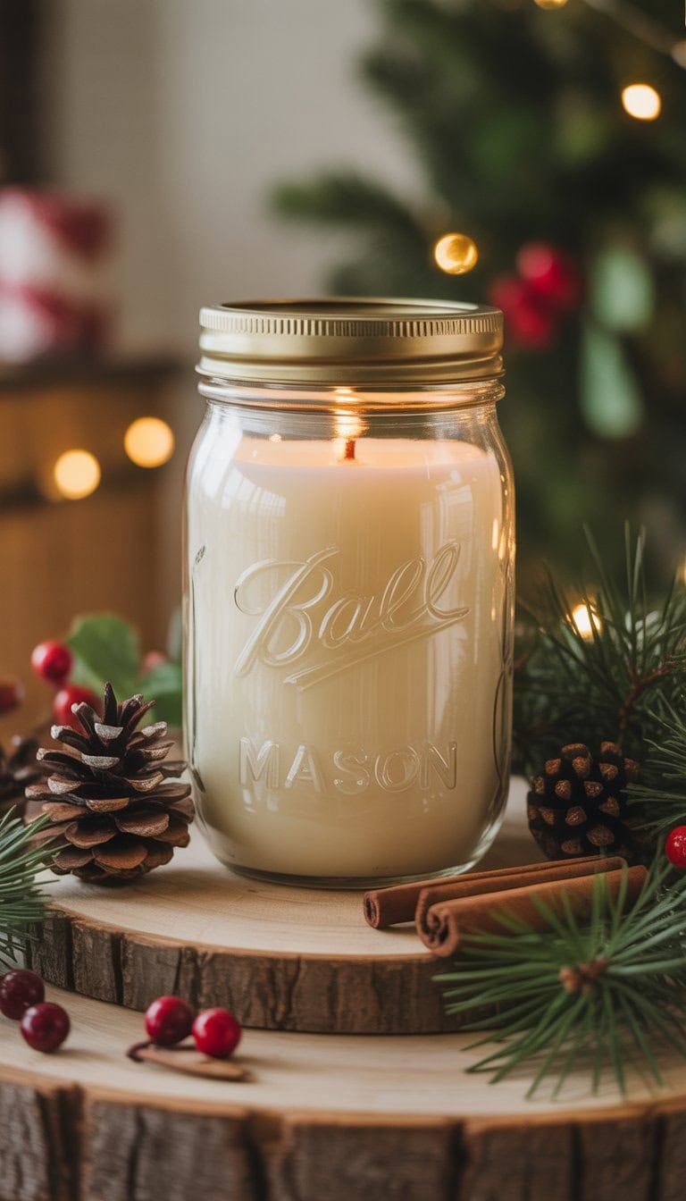 A mason jar candle with pine-scented wax surrounded by pinecones, pine branches, cinnamon sticks, and red berries on a wooden surface.