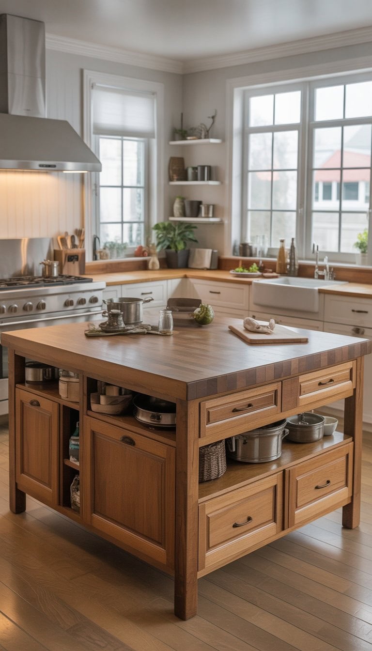 A kitchen with a large wooden butcher block island featuring built-in storage, surrounded by cabinets and appliances with natural light coming through windows.