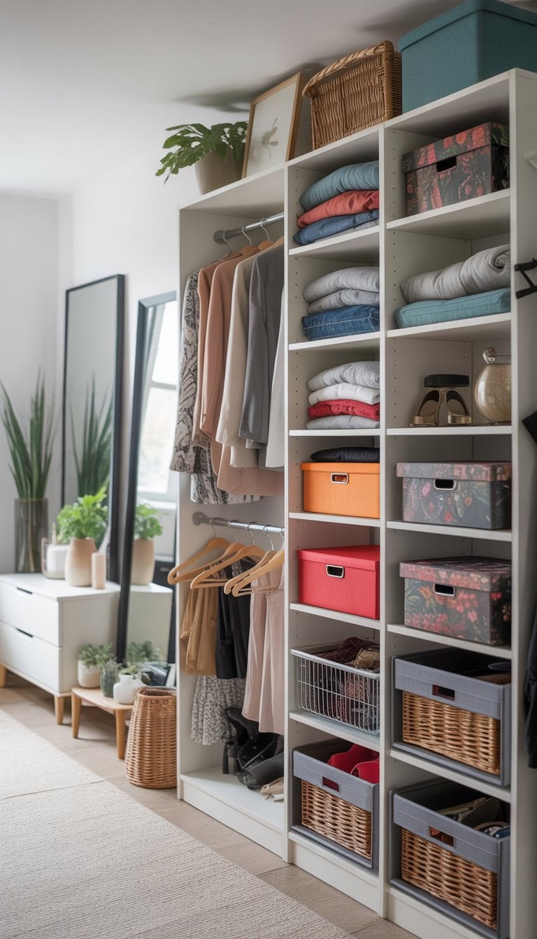 A modern closet with an IKEA Kallax unit used as an organizer, holding clothes, storage boxes, and accessories in a neat and stylish arrangement.