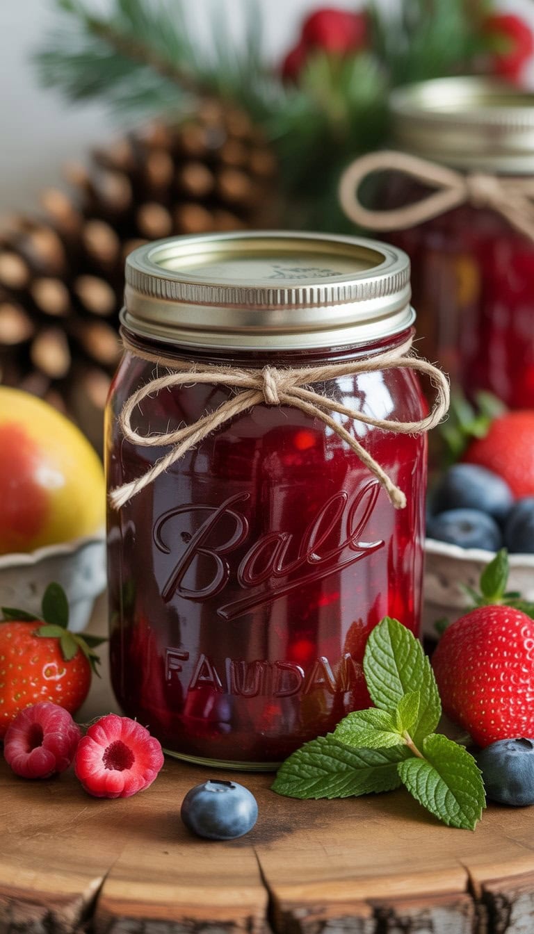 A mason jar filled with homemade fruit jam on a wooden table surrounded by fresh berries and holiday decorations.