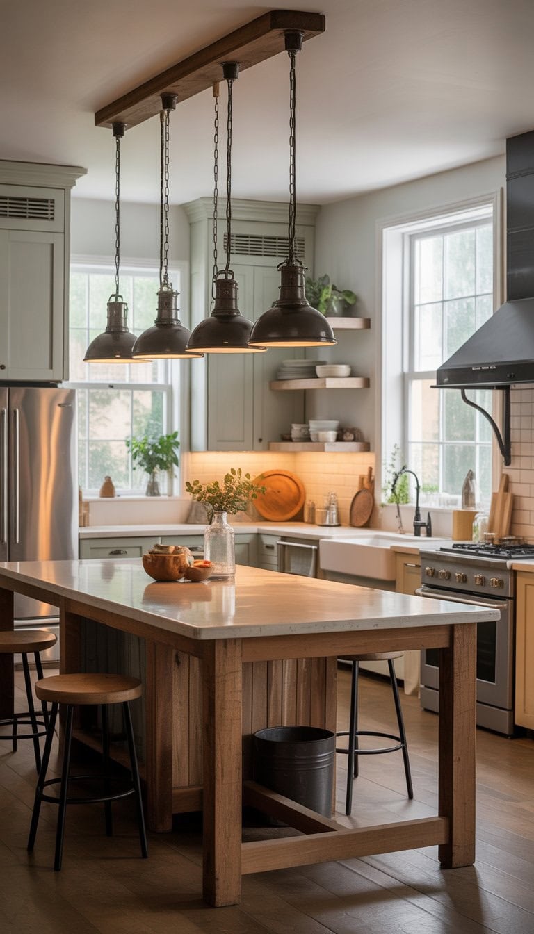 A bright kitchen with a large wooden island, black metal pendant lights hanging above, white cabinets, stainless steel appliances, and hardwood floors.