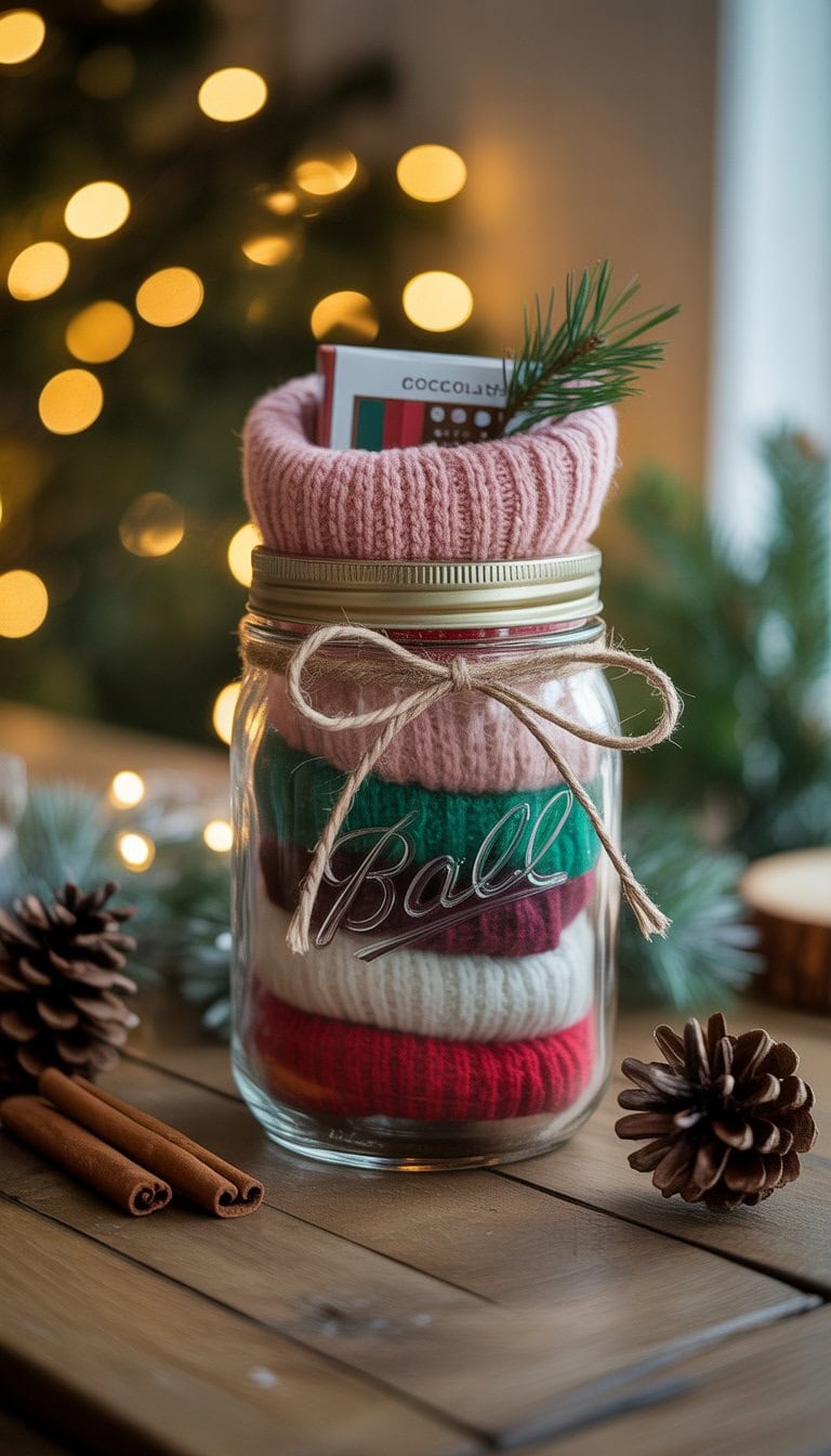 A mason jar filled with cozy socks and hot chocolate mix, decorated with twine and pine, surrounded by holiday decorations on a wooden table.