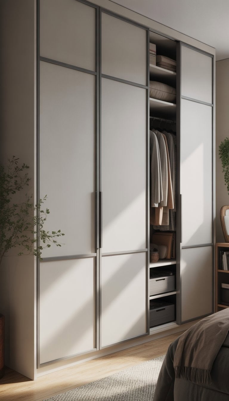 A modern closet with customized white doors featuring sleek trim, partially open to show organized clothing inside.