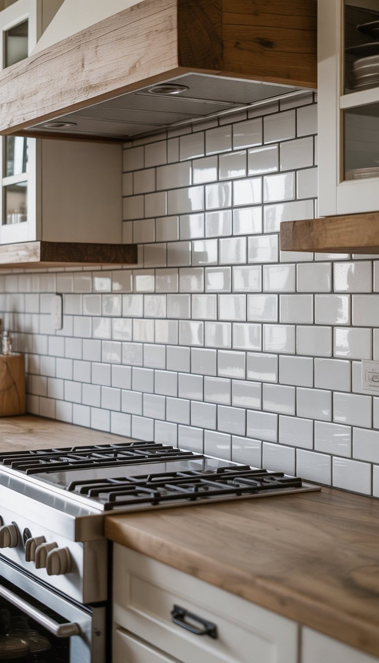 A kitchen with white subway tile backsplash featuring dark grout, wooden cabinets, and a light stone countertop.