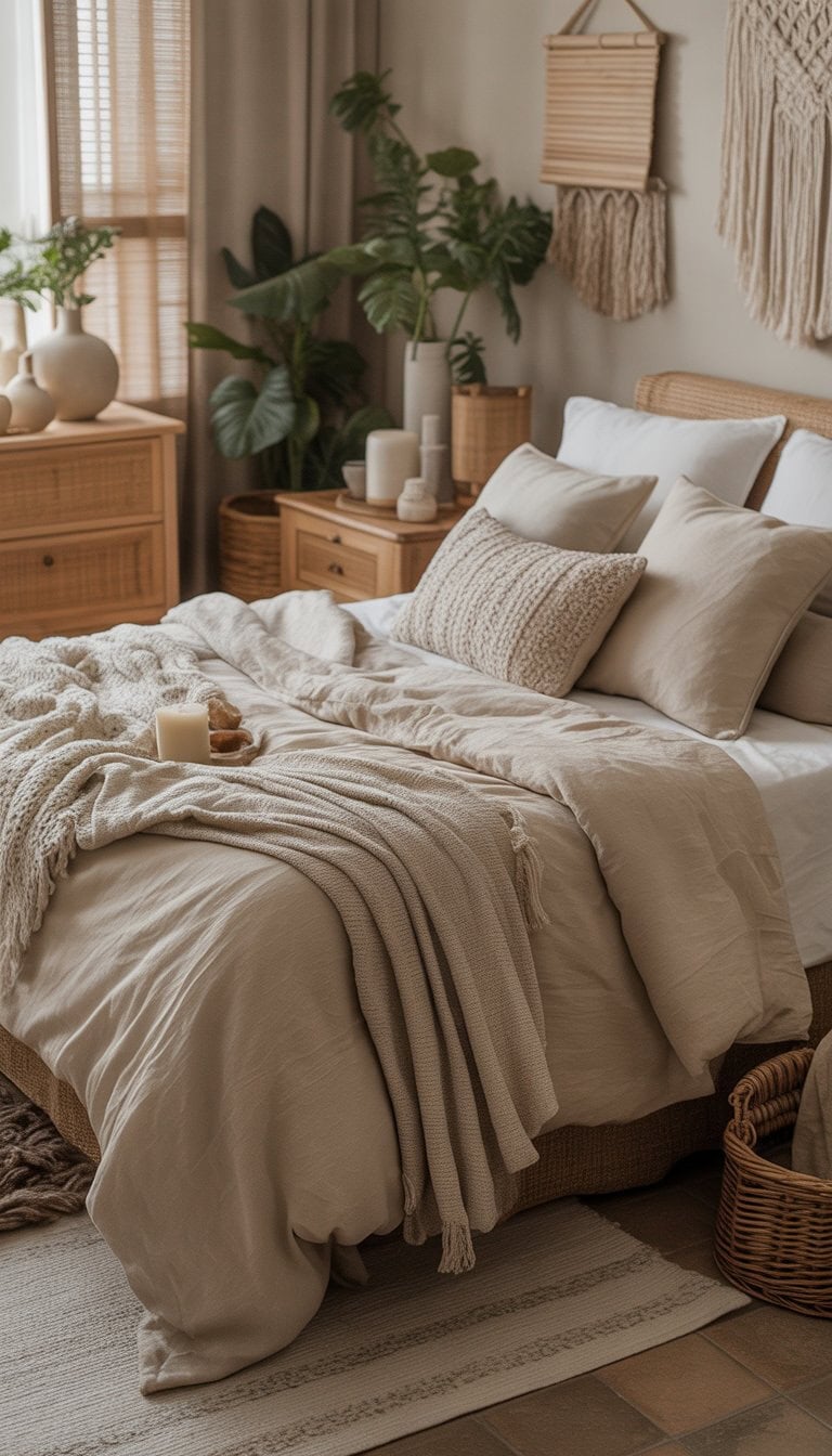 A cozy bedroom with a large bed, wooden furniture, indoor plants, and soft natural light coming through sheer curtains.