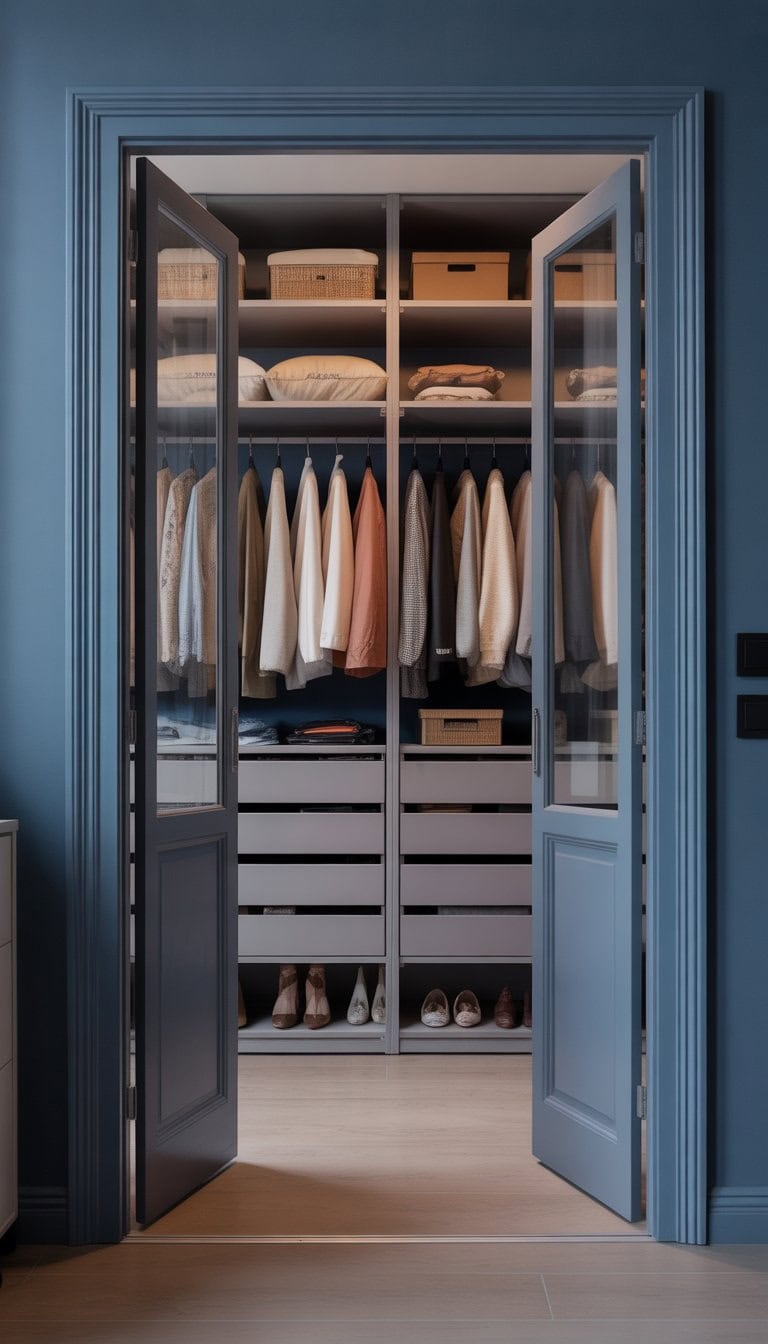 A modern closet with painted door frames and organized shelves filled with clothes and shoes.