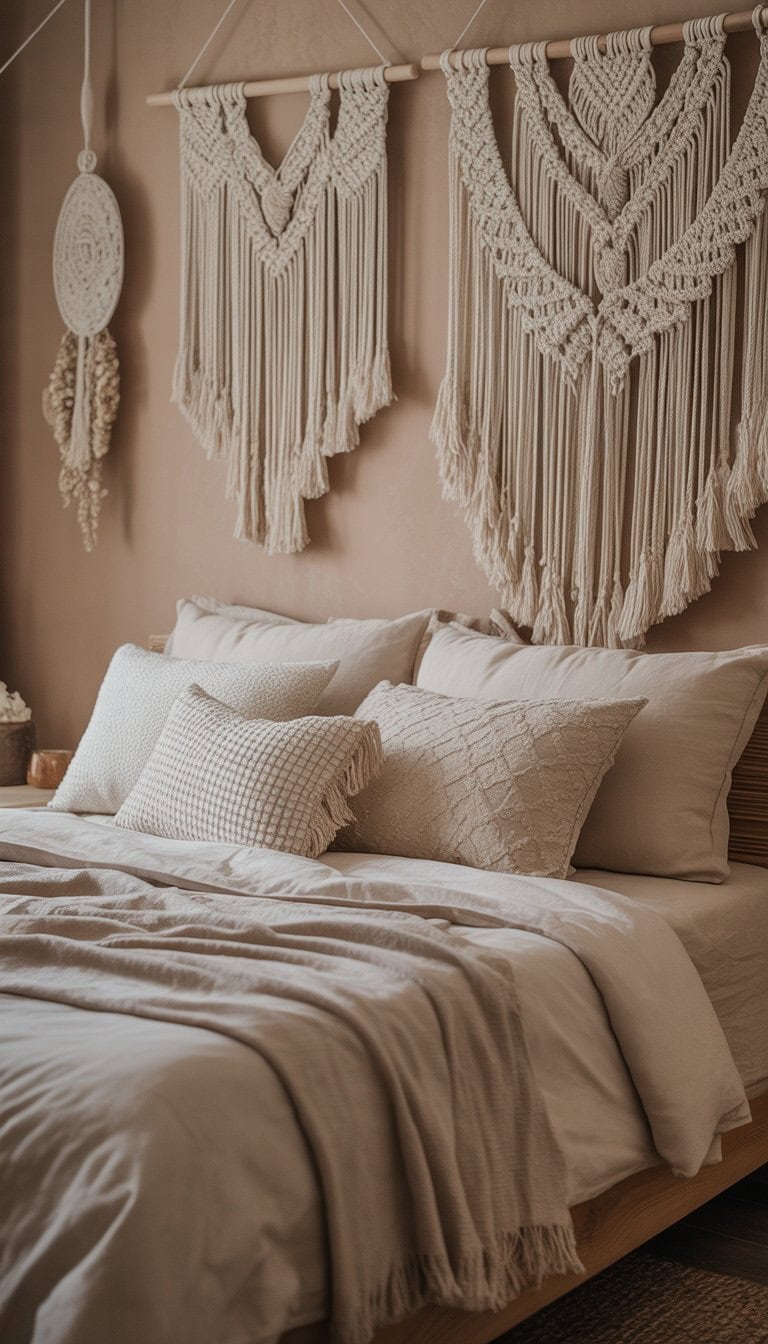 A bedroom with beige walls, macrame wall hangings, a neatly made bed, and natural light filling the room.