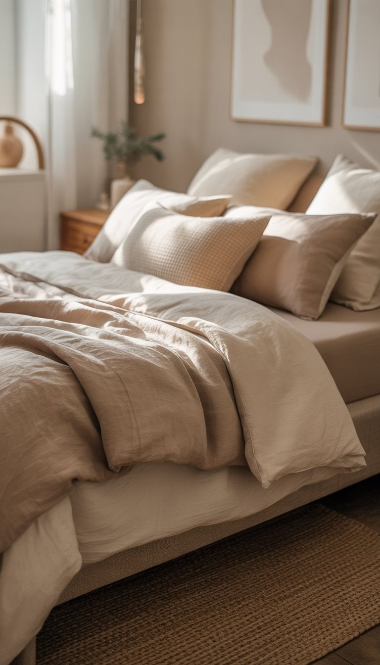 A neatly made bed with layered linen bedding in warm neutral colors in a softly lit bedroom.