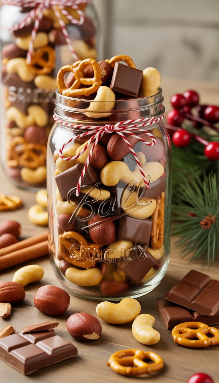 A mason jar filled with a festive snack mix of nuts, pretzels, and chocolate on a wooden surface surrounded by holiday decorations.
