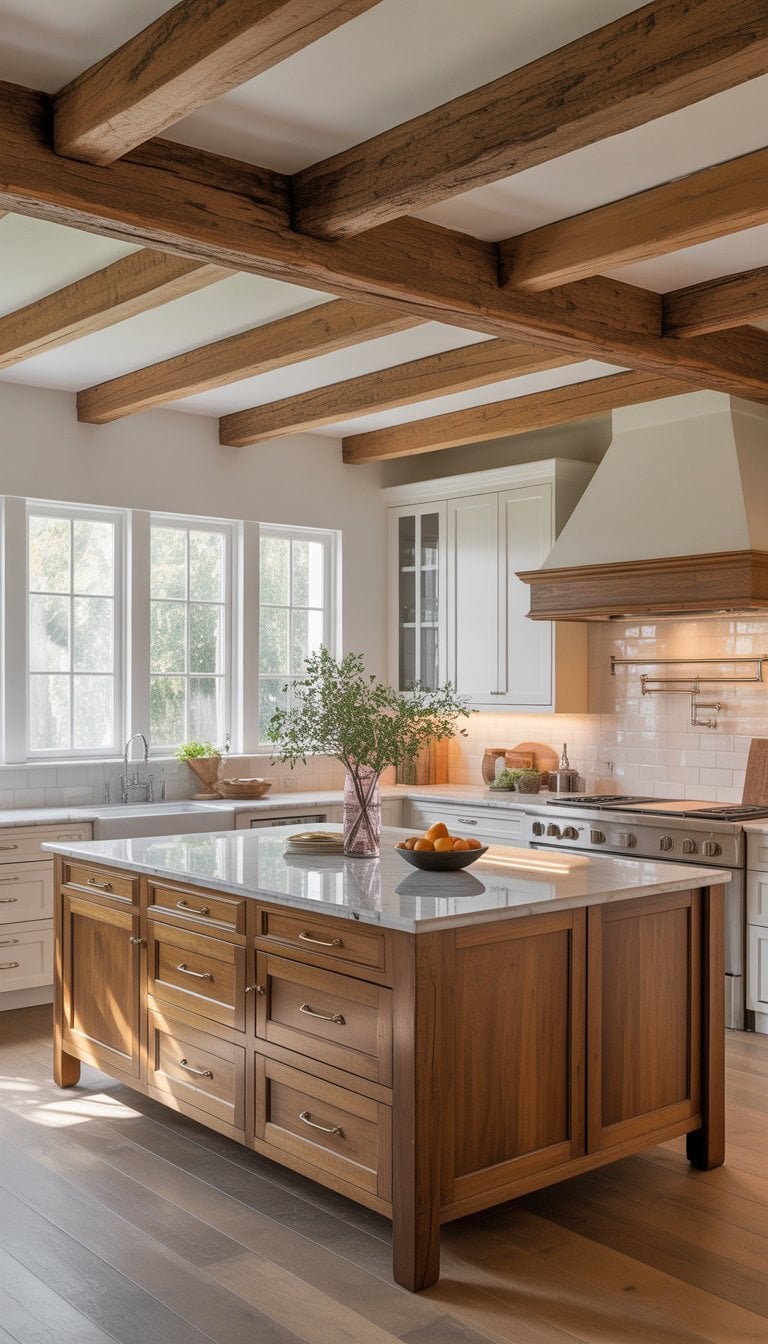 A bright kitchen with exposed wooden ceiling beams, white cabinets, a large island, and stainless steel appliances.
