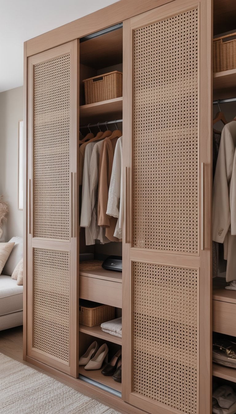 A modern closet with custom doors featuring woven cane detailing, filled with neatly organized clothes and accessories.