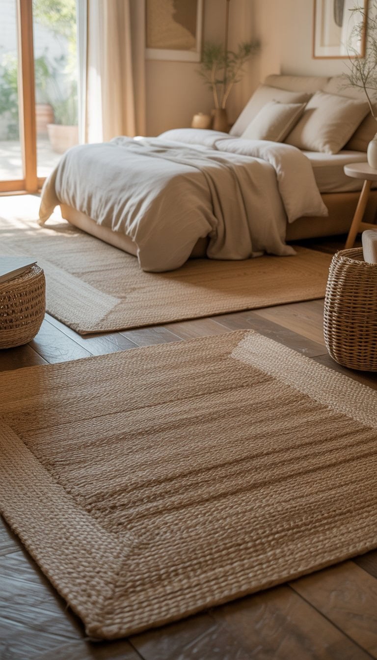 A bedroom with a neatly made bed, natural jute rugs on the floor, wooden furniture, and soft natural light coming through the windows.
