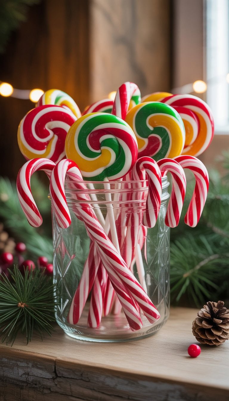 A clear glass mason jar filled with colorful lollipops and candy canes on a wooden surface with pine branches and holiday decorations around it.