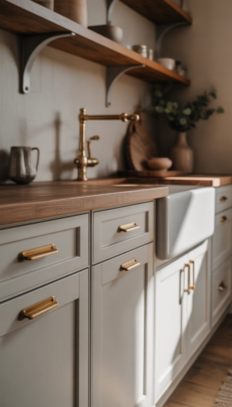 A kitchen with white cabinets featuring brass handles, wooden countertops, and a farmhouse sink with natural light.