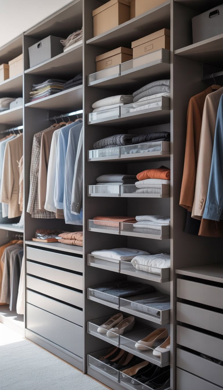 A neatly organized wardrobe with adjustable shelves holding clothes, shoes, and storage boxes.