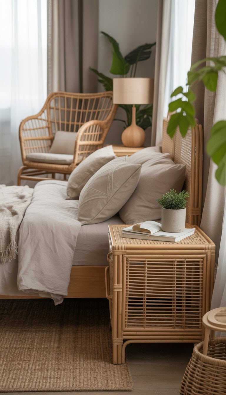 A bright bedroom with rattan chairs and nightstands, featuring a neatly made bed and natural light coming through a window.