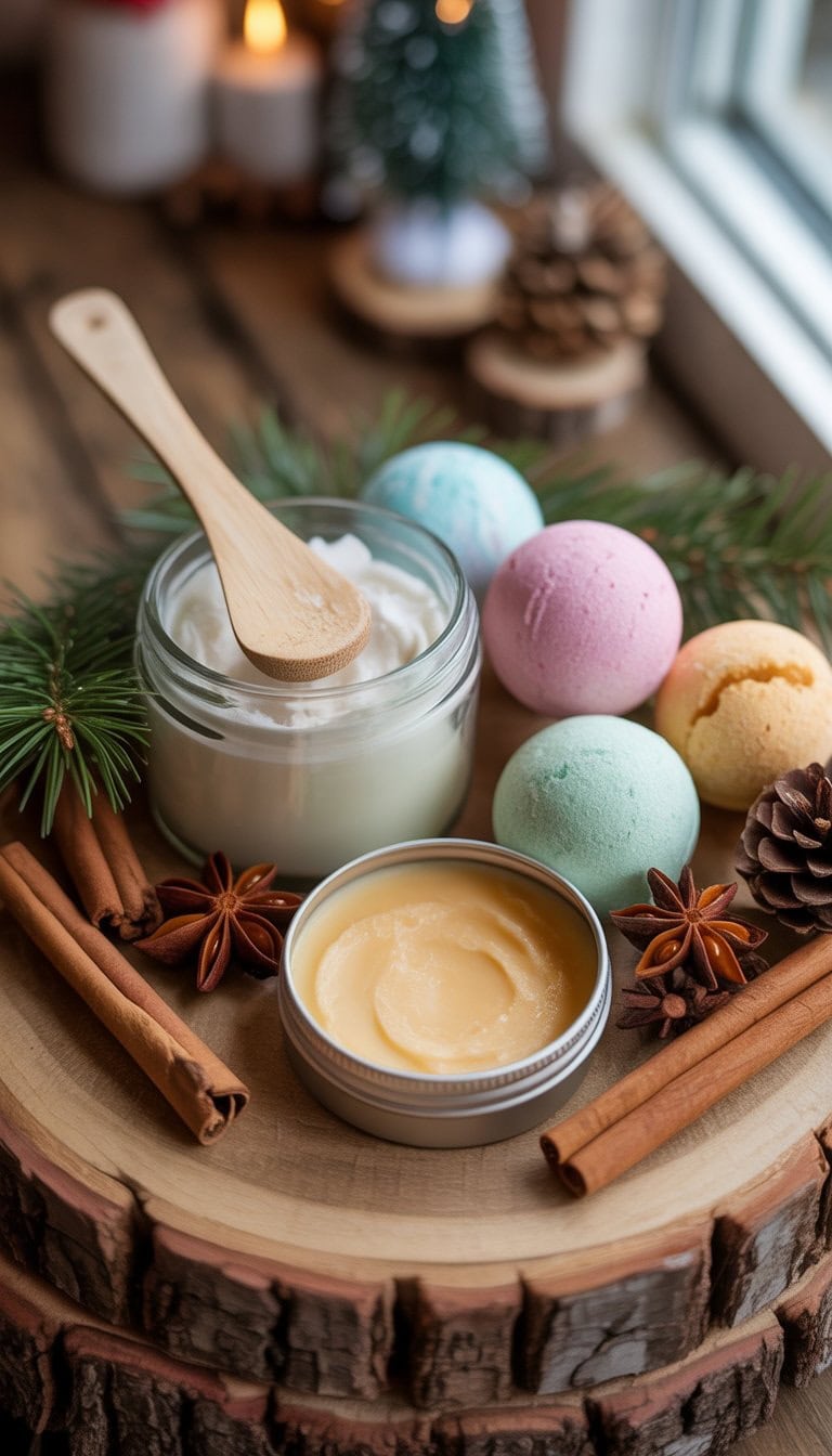 A DIY spa kit with lotion, lip balm, and bath bombs arranged on a wooden surface with Christmas decorations around.