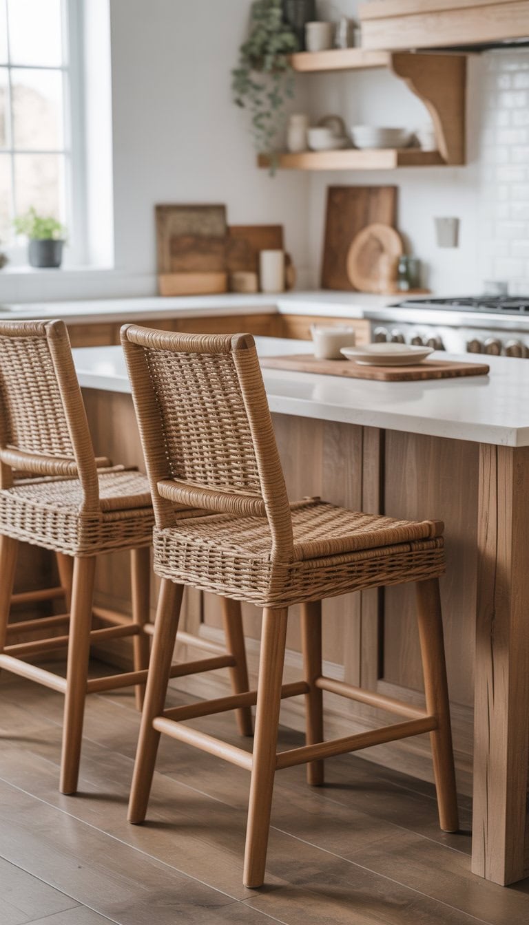 A kitchen with woven rattan bar stools at a countertop, surrounded by wooden and white cabinetry and natural light.