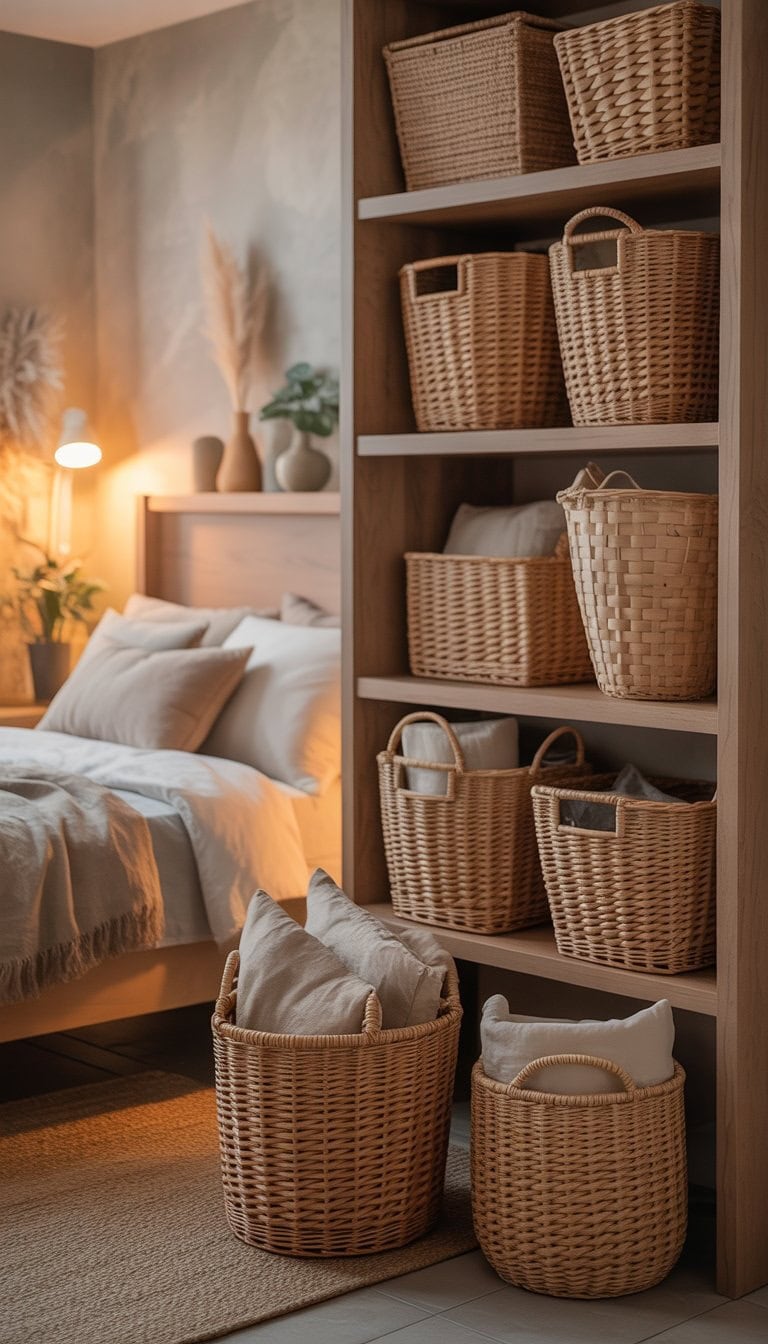 A bedroom corner with woven baskets used for storage next to a bed and wooden furniture.