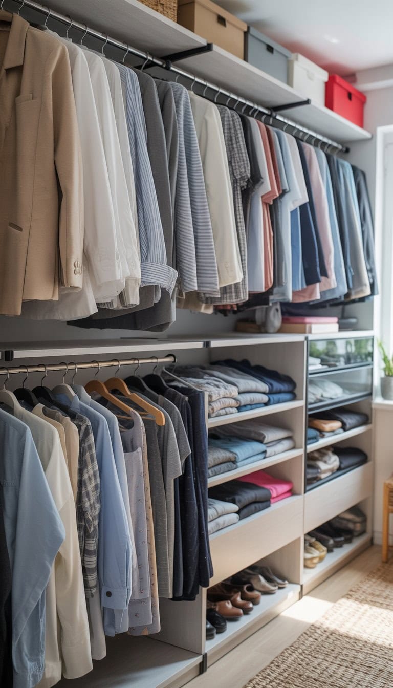 A well-organized closet with multiple hanging rails, shelves, and drawers filled with clothes and accessories.