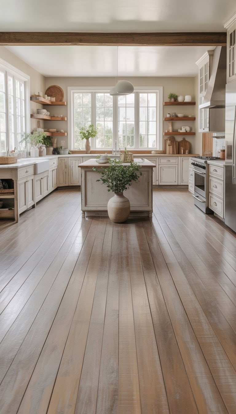 A bright kitchen with whitewashed hardwood floors, white cabinets, a large island, and stainless steel appliances.