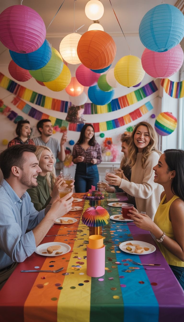 A group of adults enjoying a colorful indoor party decorated with balloons, streamers, and handmade decorations in many colors.