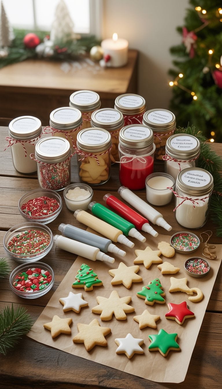 Christmas cookie decorating kit with sprinkles, icing tubes, decorated cookies, and mason jars filled with holiday gift ingredients on a wooden table.