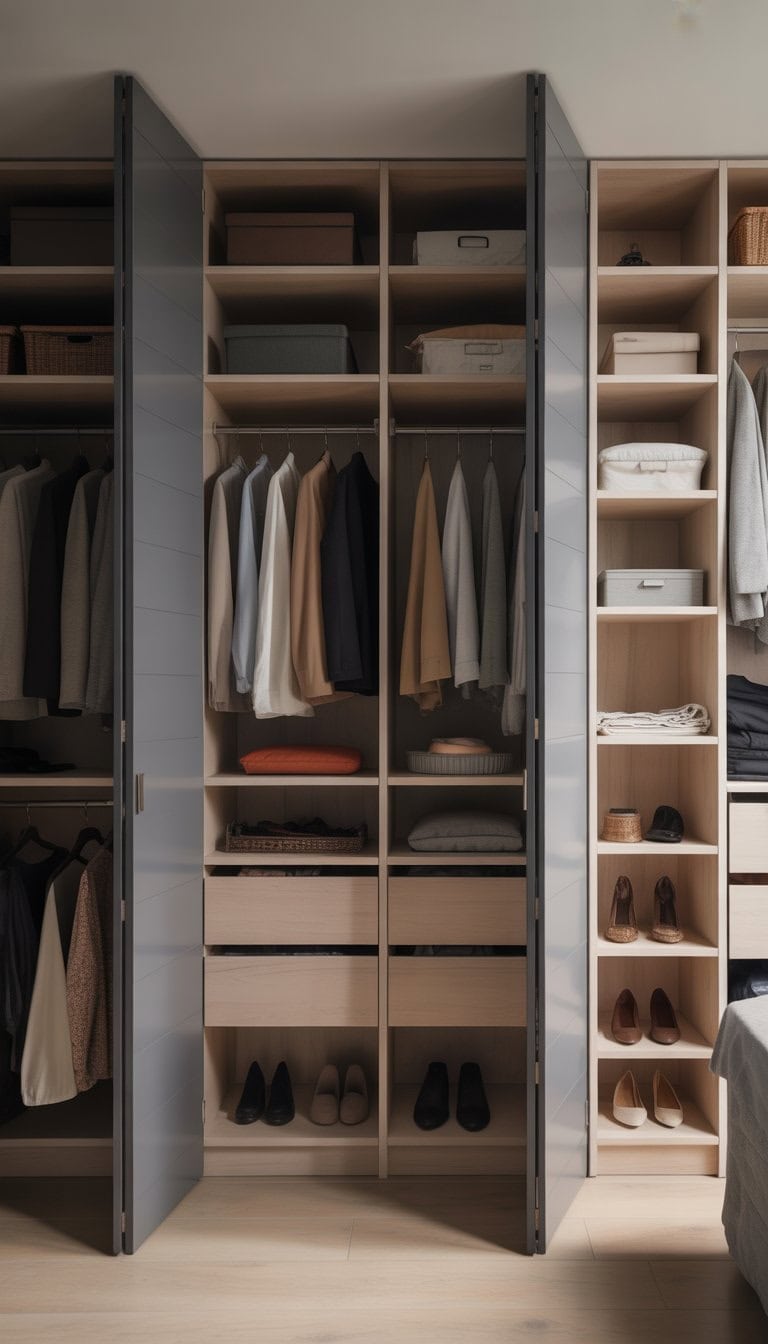 A spacious walk-in closet with IKEA Forsand doors, neatly organized with clothes, shoes, and storage shelves.