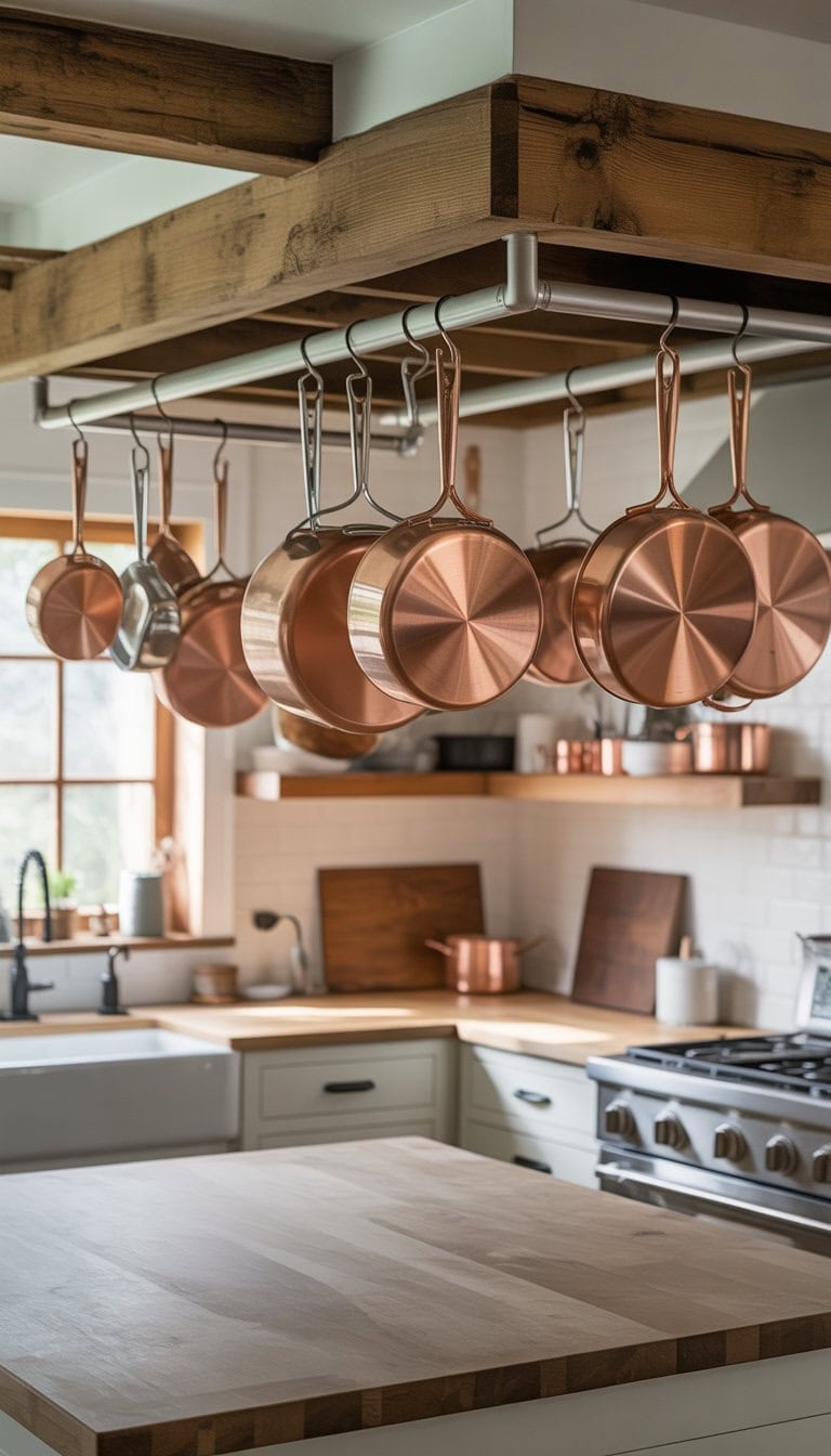 A kitchen with an open pot rack displaying copper pots and pans hanging above a countertop.