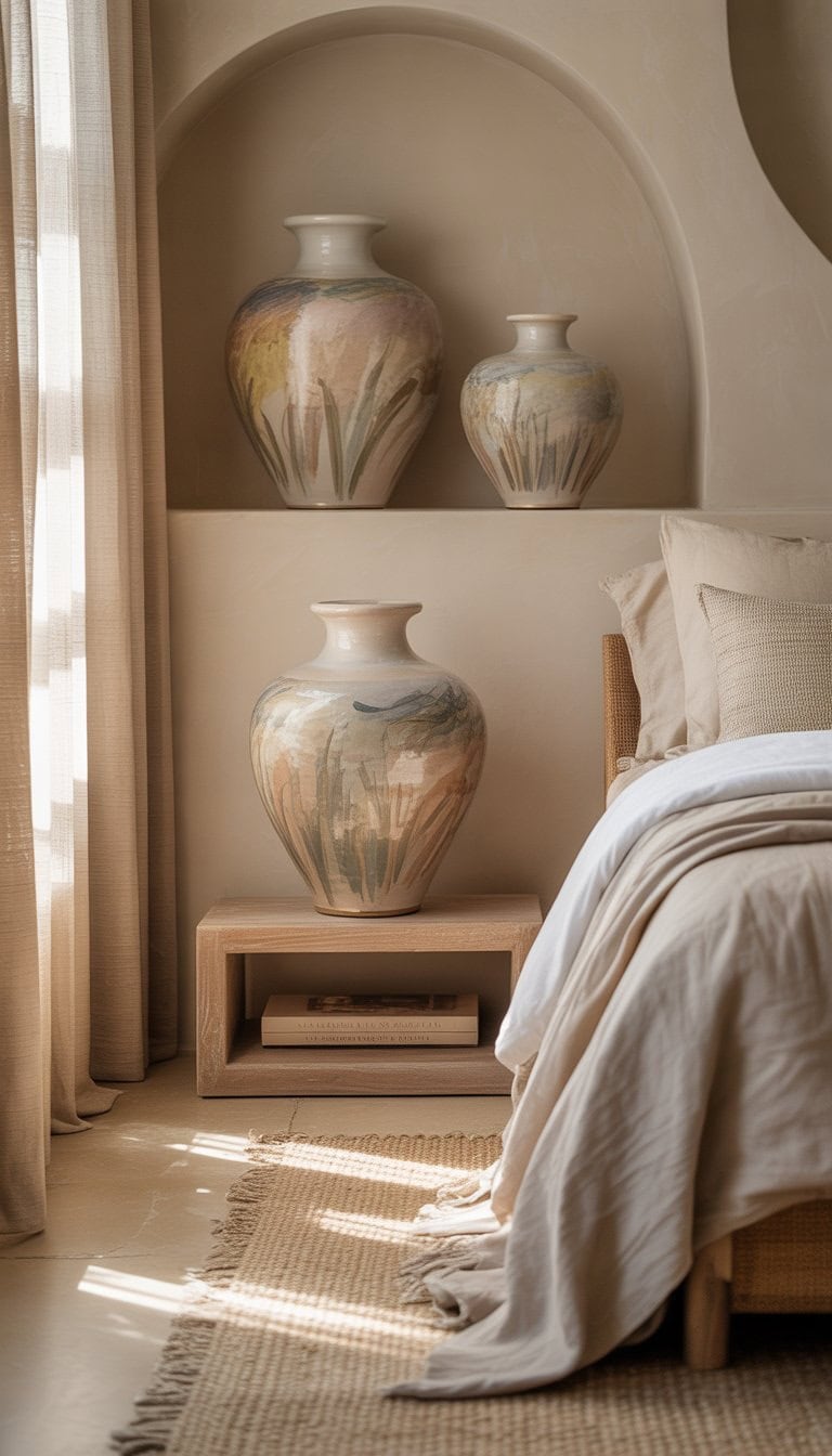 A calm bedroom with a neatly made bed and hand-painted ceramic vases displayed on a bedside table and shelf, bathed in natural light.