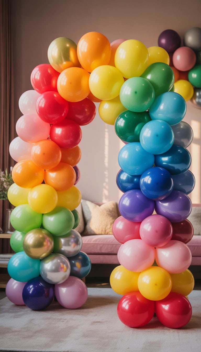 A colorful balloon arch with 23 different colors arranged in a smooth rainbow gradient indoors.