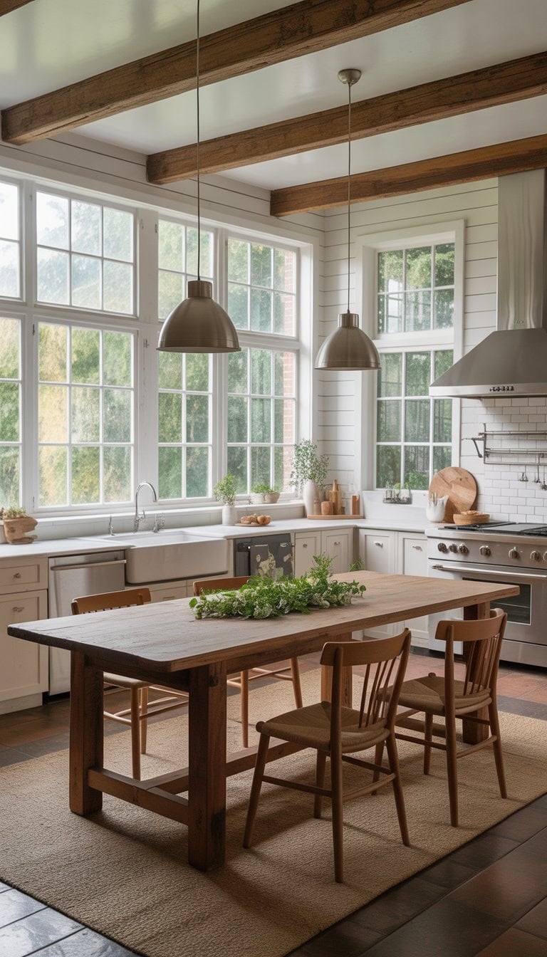 A bright kitchen with large windows letting in natural light, wooden dining table, and modern appliances.