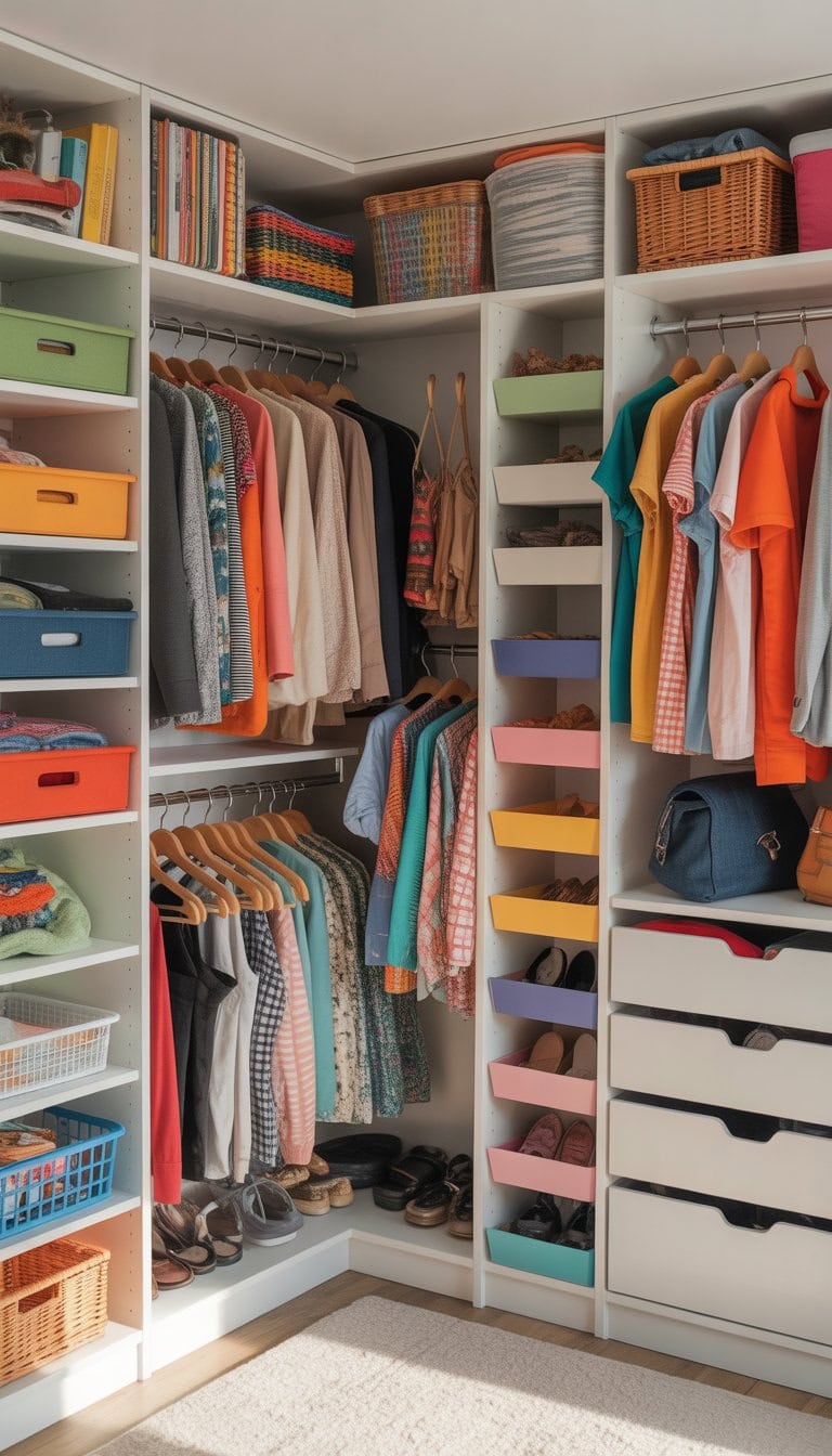 A colorful and neatly organized closet featuring various shelves, drawers, and storage solutions filled with clothes, shoes, and accessories.