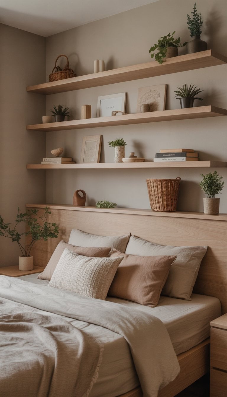 A bedroom with light wood floating shelves above a bed, decorated with plants, books, and baskets.