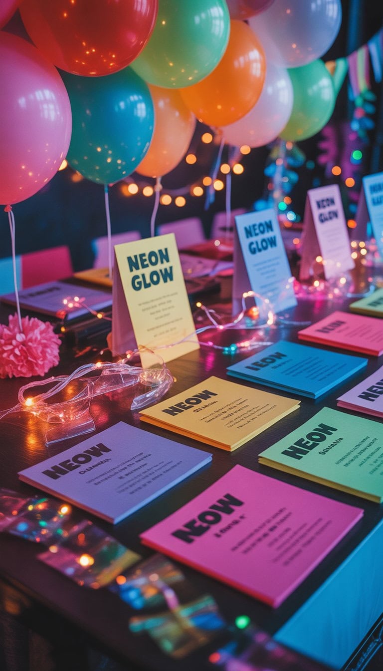 A colorful party table with neon glow invitations and matching glowing decorations in various bright colors.
