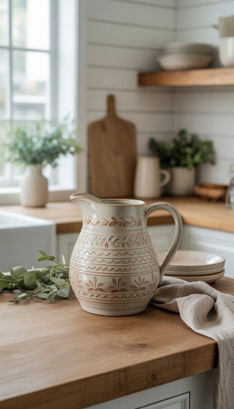 A hand-painted ceramic pitcher on a wooden kitchen counter with kitchenware and greenery in the background.
