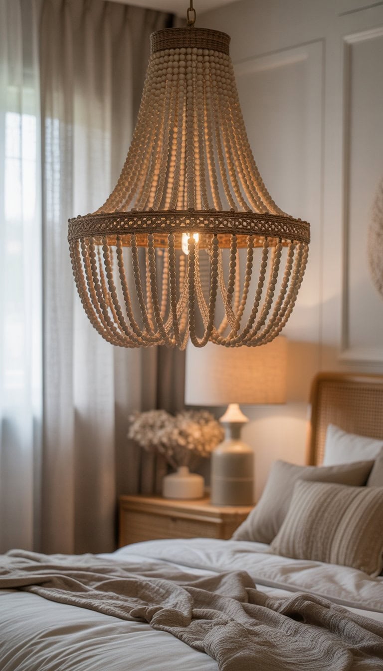 A bedroom with a beaded chandelier hanging from the ceiling, featuring neutral tones and wooden furniture.