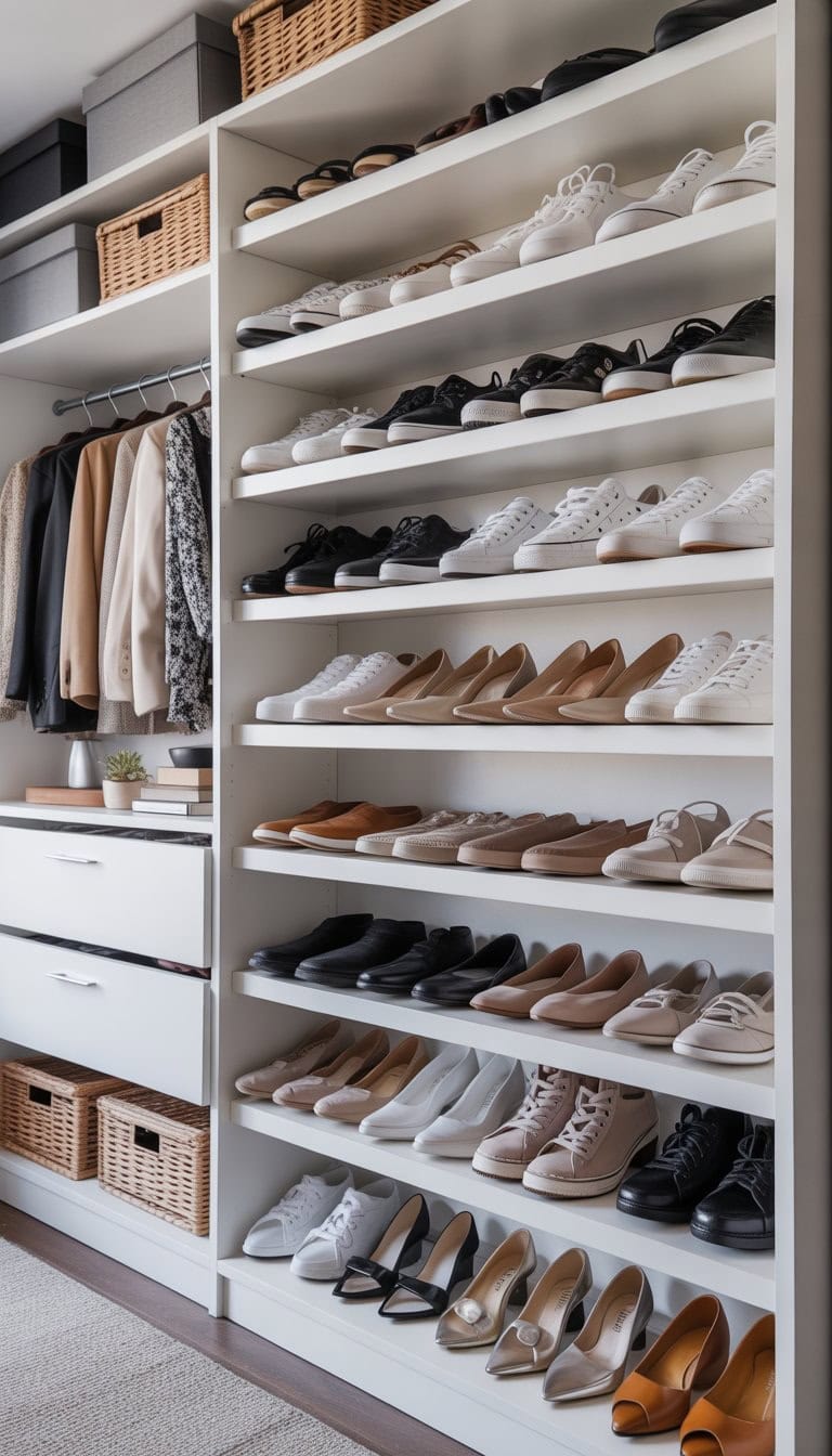 A bright closet with IKEA Billy shelves converted into organized shoe racks holding various types of shoes.